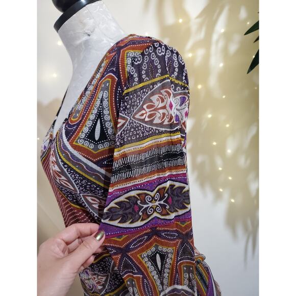 Lynn Ritchie 100% Silk Mesh Artsy Boho Print 3/4 Sleeve N-Neck Top Womens Size M - Picture 5 of 10